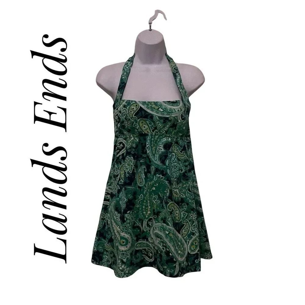 Land’s End Size 4 Tankini Bikini Mini Dress Paisley Print Green Black